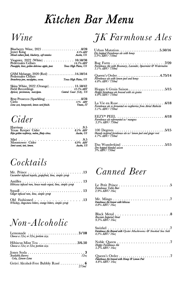 Jester King Brewery Tasting Room & Kitchen Menus